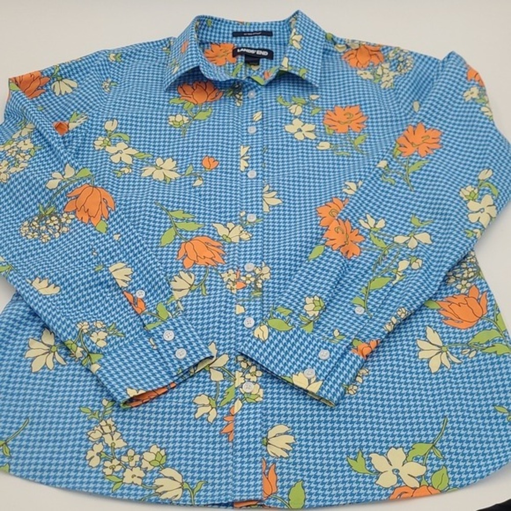 Lands End Supima Cotton No Iron Shirt Blue Houndstooth Floral Size 6 Long Sleeve